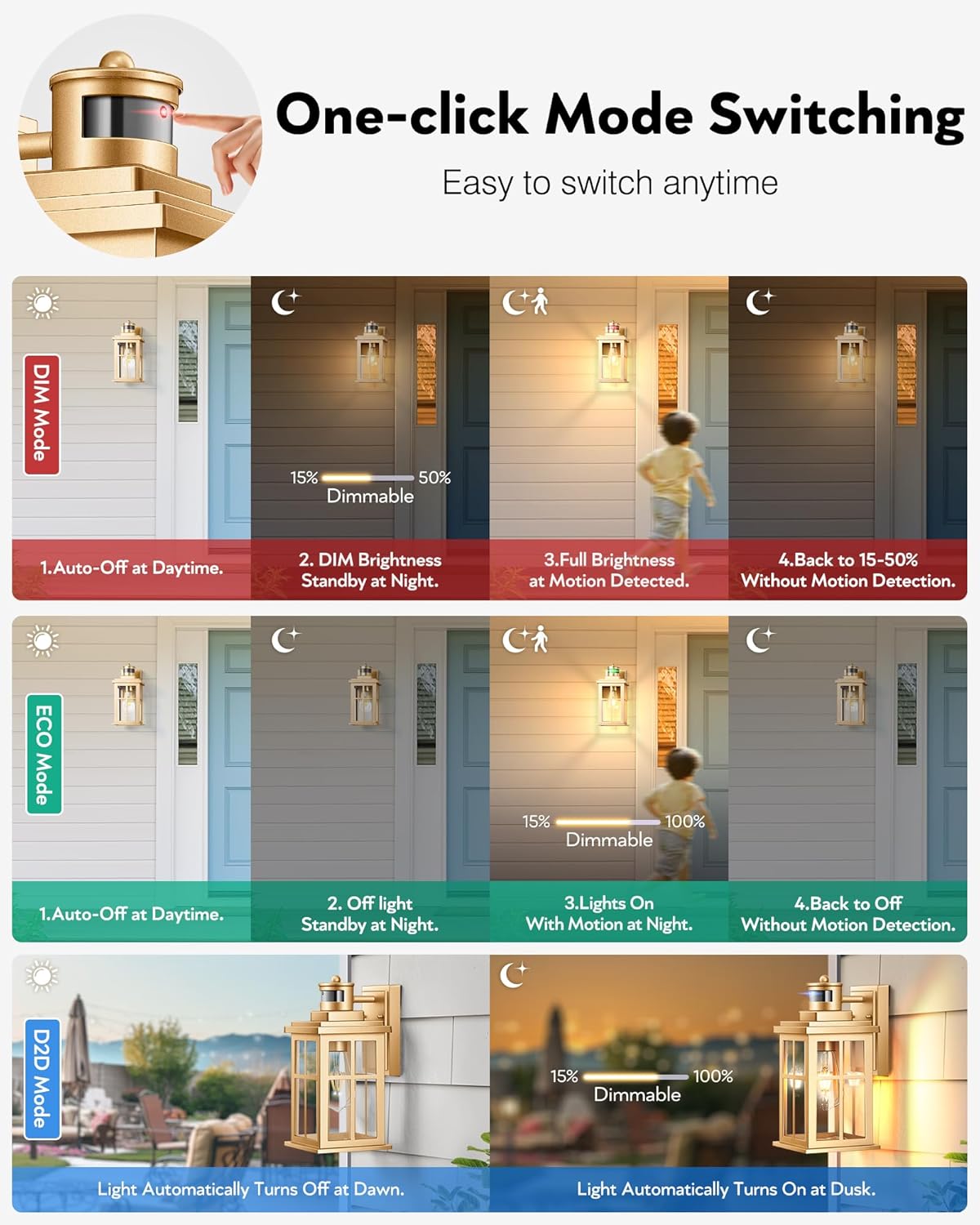 Gold Motion Sensor Outdoor Lights, Waterproof Exterior Lighting Fixtures, Aluminum Modern Outdoor Wall Lights Exterior, Transparent Glass Outdoor Porch Lights for House, Garden, Yard, E26 Base