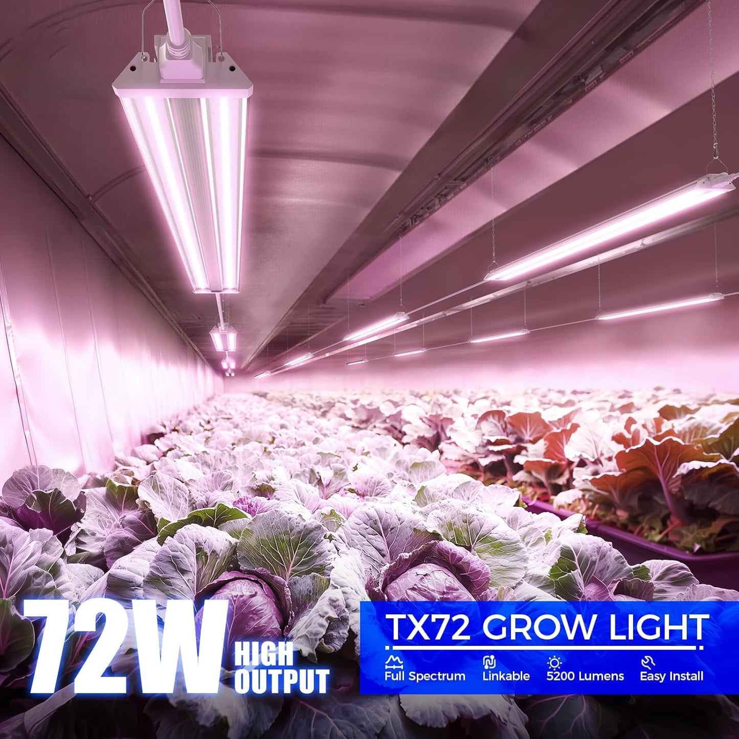 Barrina TX72 4FT Grow Lights for Seed Starting, 72W(500W Equivalent), High PPFD, Full Spectrum, Linkable, Hanging Light Fixture, Grow Lights for Indoor Plants, Vegetables with On/Off Switch, 1 Pack
