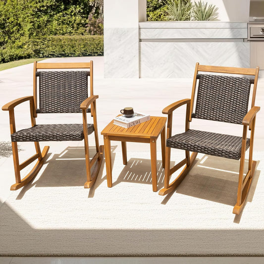 IDZO Solid Wood Wicker Rocking Chairs Set of 2 with End Table