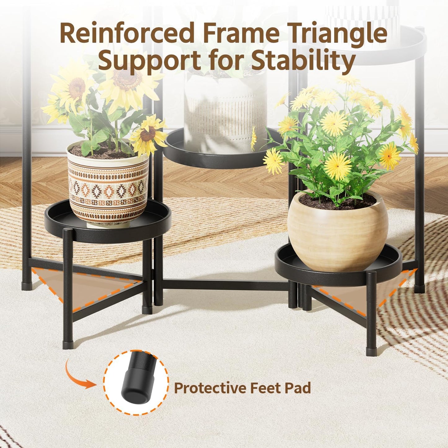 LASZOLA 6 Tiered Folding Plant Stand Indoor for Multiple Large Planter, Tall Heavy Duty Adjustable Rack with Rust Proof 10 Inch Wide Tray, Sturdy Vertical Tree Organizer for Narrow Inside Floor, Black