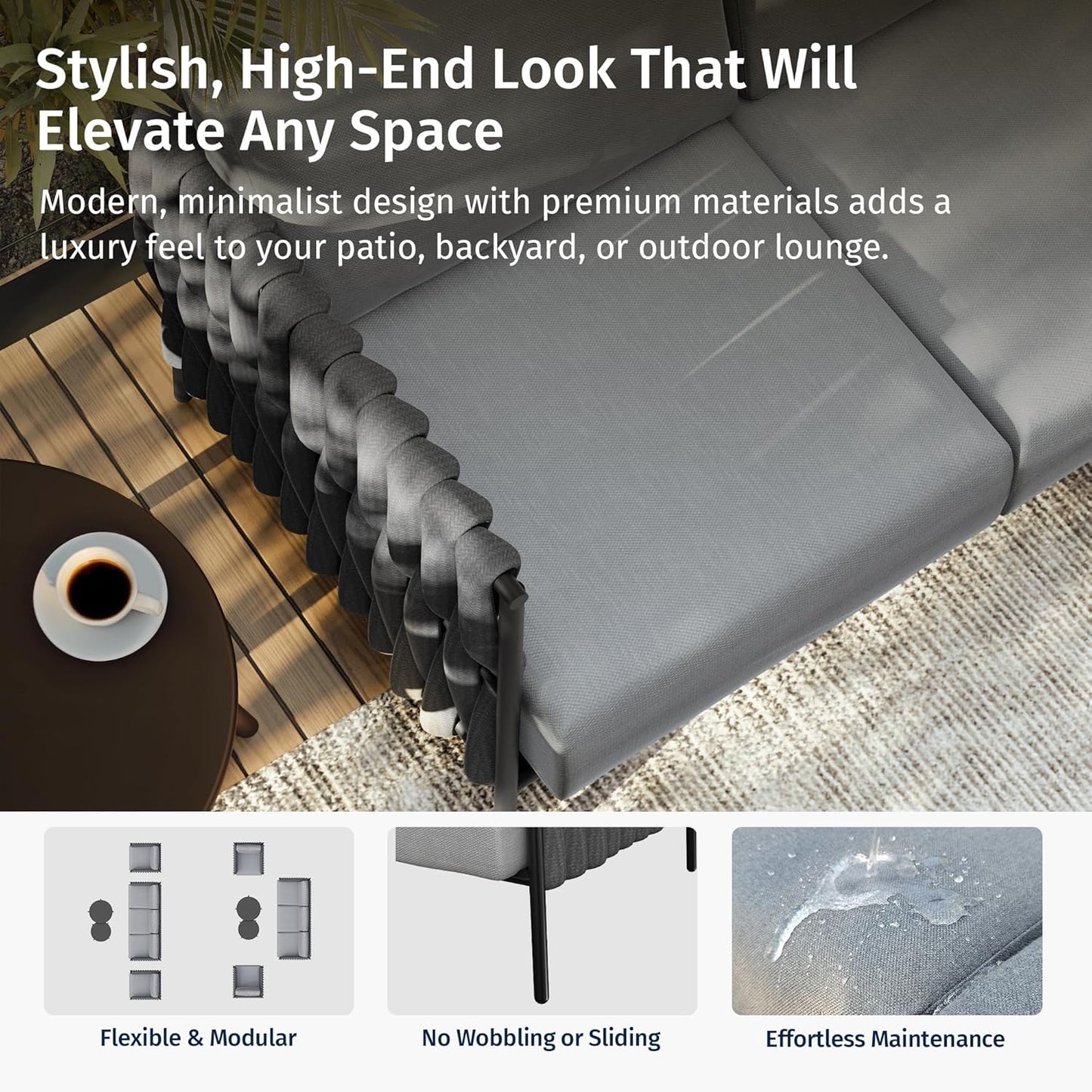 EAST OAK 5-Piece Patio Furniture Set | Life Chatter 5-Seat Outdoor Furniture | Deep Seating & Two Coffee Tables | Waterproof Extra-Thick Cushions | Porch, Balcony & Backyard | Earth Black & Misty Grey