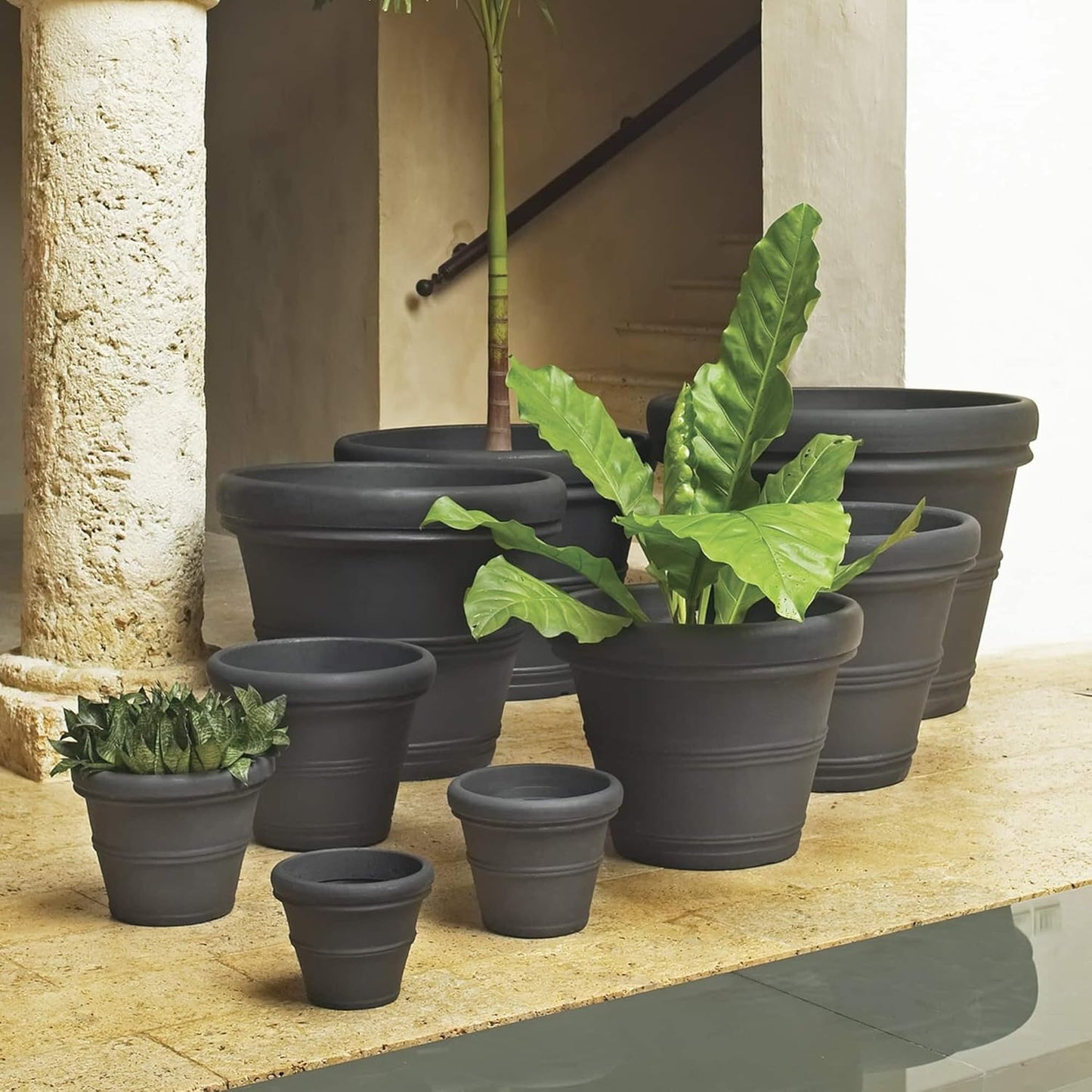 Crescent Garden Brunello Classic Rolled Rim Planter Pot, Indoor/Outdoor Weather-Safe Round Plant Pot, 20'' (Caviar Black)