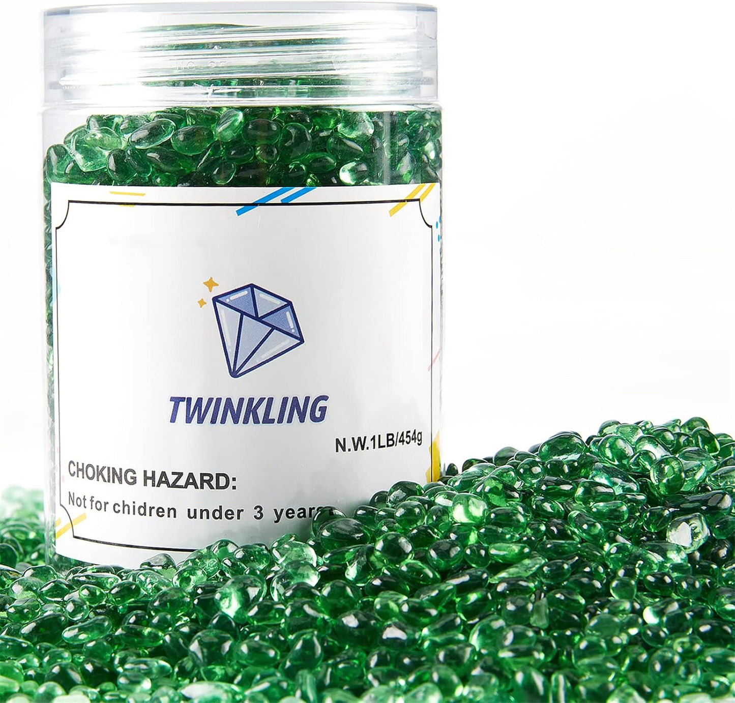 TWINKLING High Luster Round Fire Glass Stones,Glass Marbles Pebbles,Glass Beads Gems for Fire Pit Vase Fillers Crafts Aquarium Garden Decoration,3-6mm,1-Pound Jar (Light Green)