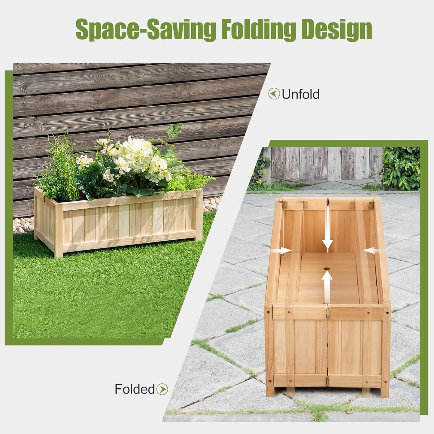 COSTWAY Wooden Planter Garden Bed, Folding Planter Box with Drainage Holes for Vegetables, Herbs, Fruits & Flowers, Outdoor Indoor Raised Planting Bed for Patio, Backyard, Lawn, 27.5"L x 12"W x 10"H