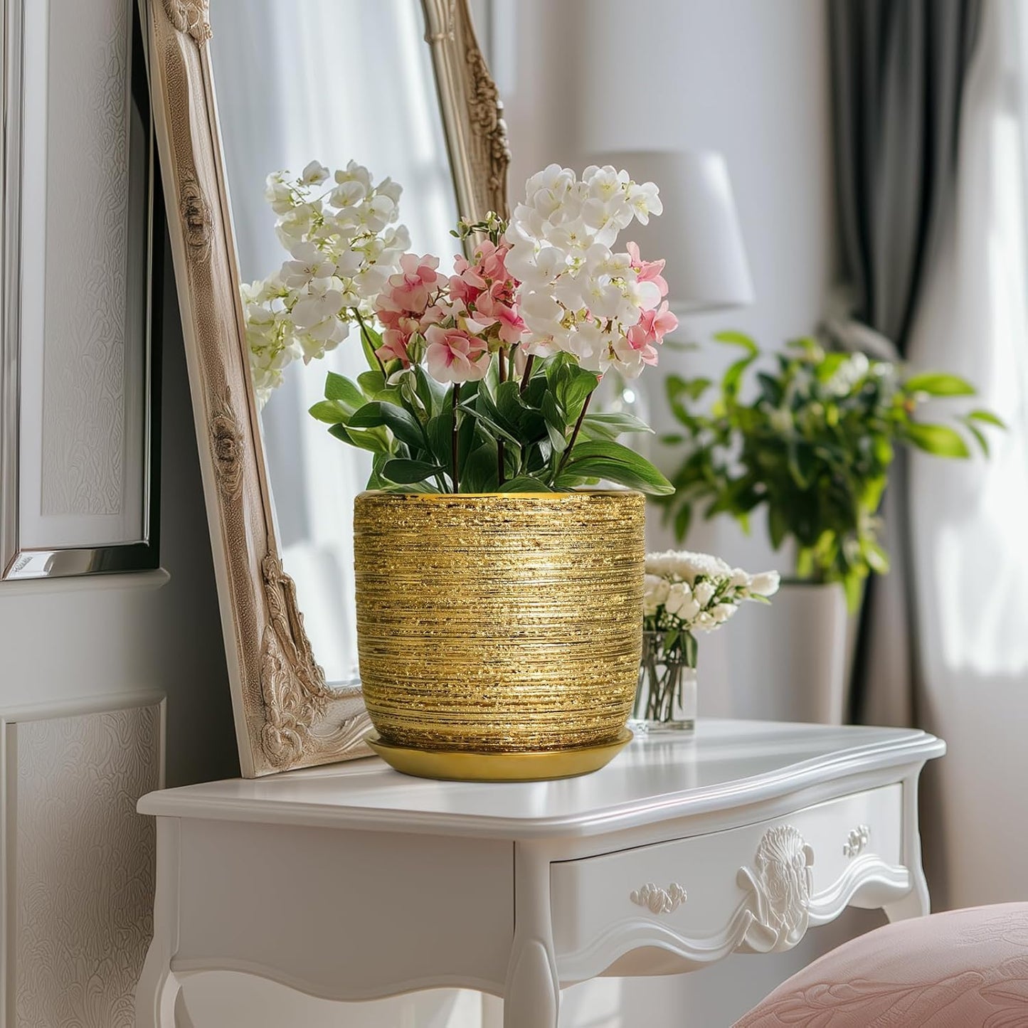 8 Inch Plant Pot - Ceramic Planter with Drainage Hole and Saucer, Modern Round Planter for Indoor Flowers, Gifts for Plant Lovers, Home House Office Room Decor, Gold