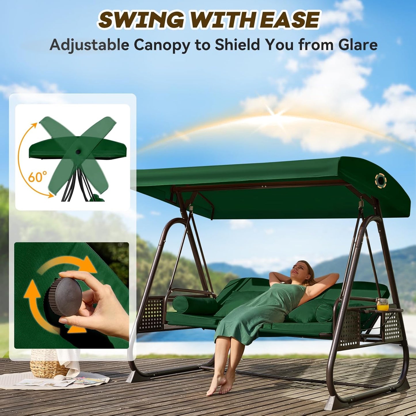 3 in 1 Outdoor Porch Swing with Adjustable Canopy, 3 Seat Outdoor Swing for Adults, Patio Swing Chair with Thickened Cushions,Pillows & Cup Holders for Backyard, Porch, Garden (Green)