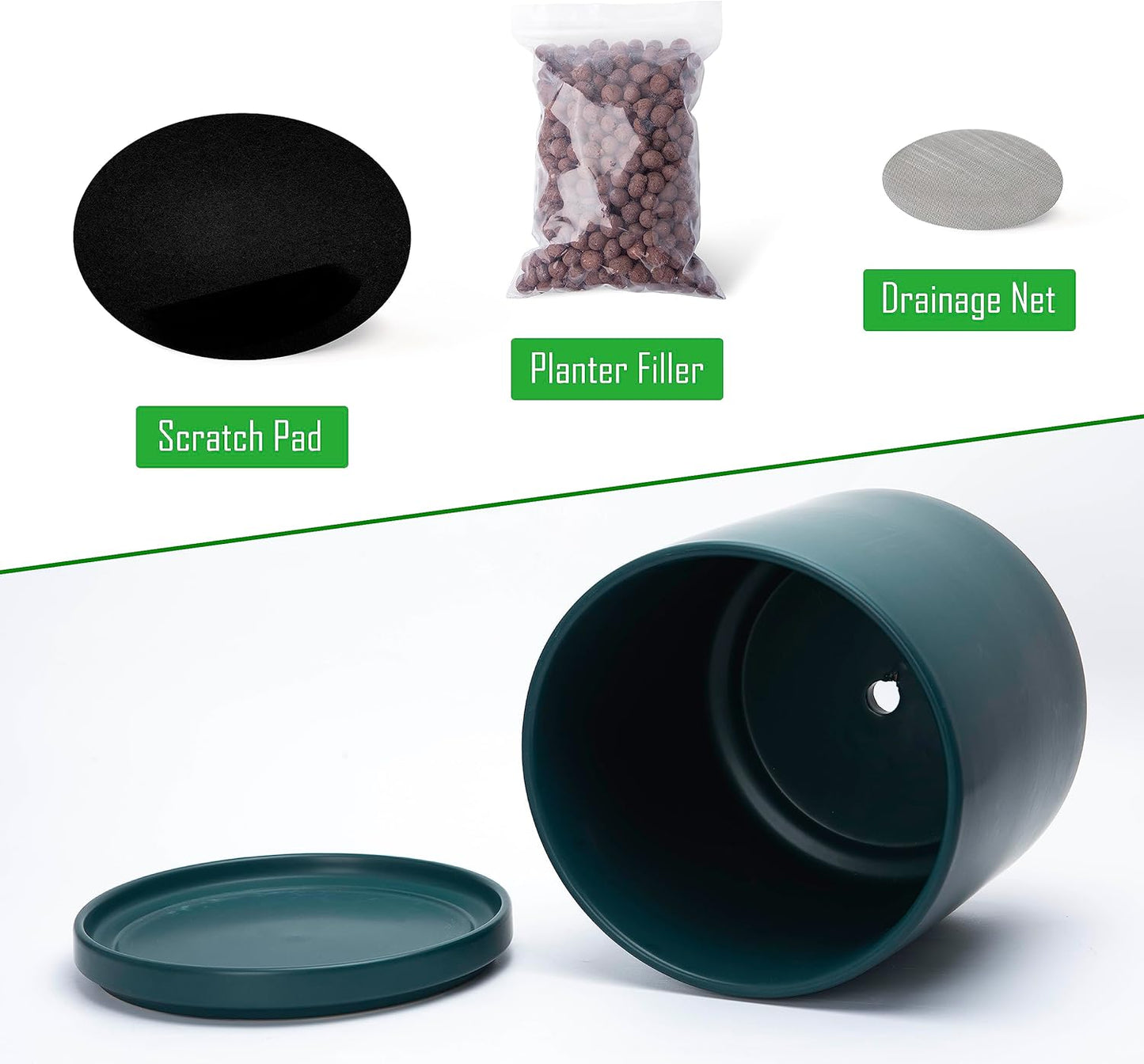 D'vine Dev 8 Inch & 10 Inch Ceramic Planter Pot for Plants with Drainage Hole and Saucer, Large Plant Pots Set, Teal, 94-G-L-9