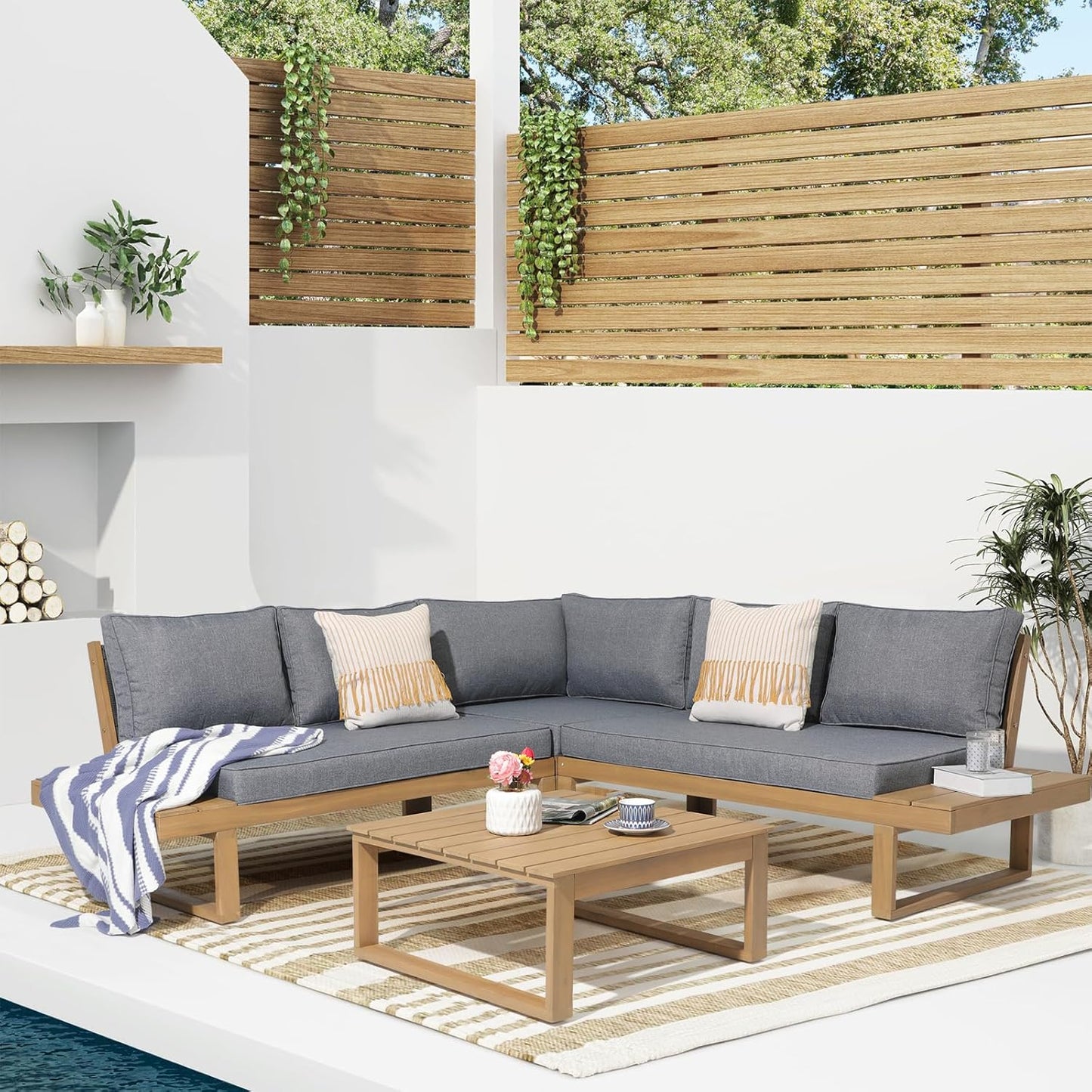 Soleil Jardin 4 Piece Acacia Wood Patio Furniture L-Shaped Outdoor Sectional Sofa Set with Coffee Table, FSC Certified Conversation Set with Built-in Side Table and Grey Cushions for Garden