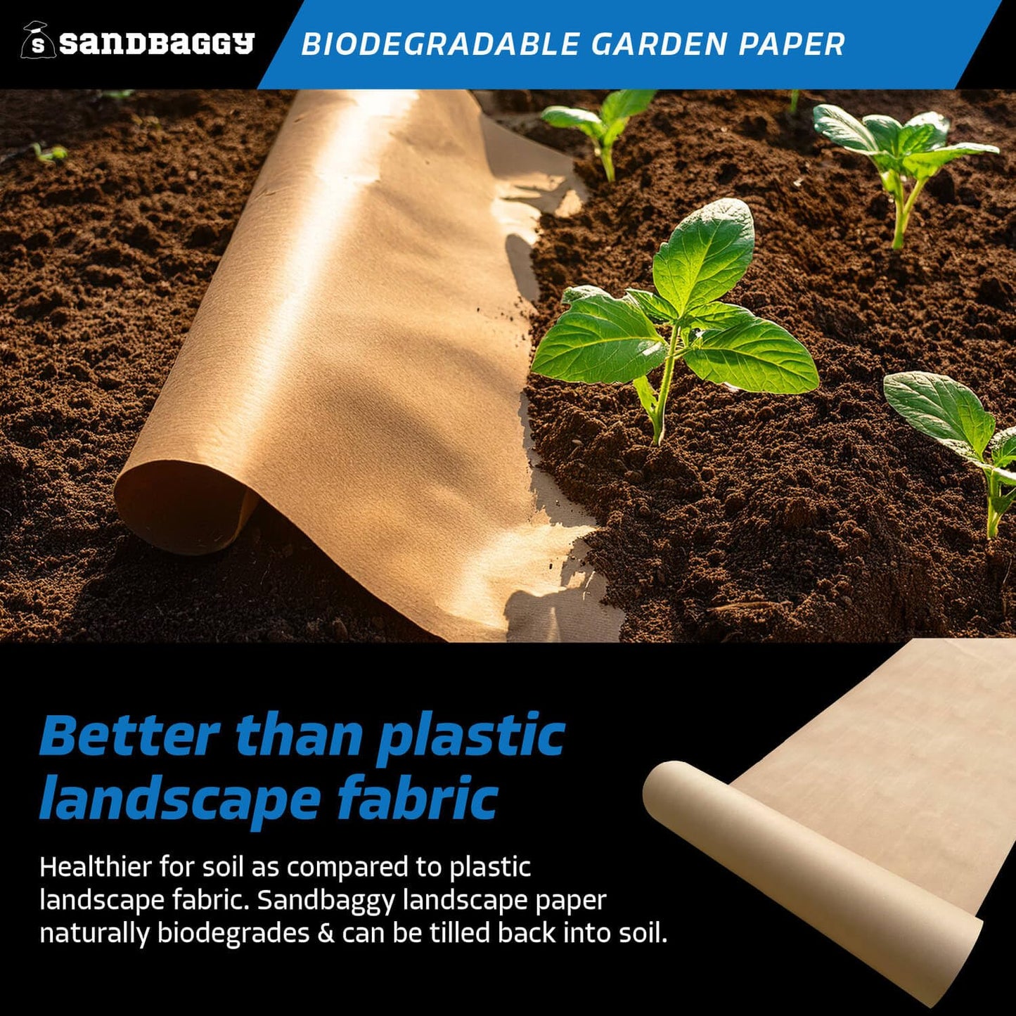 Sandbaggy Biodegradable Landscape Fabric - Garden Paper for Weeds - Paper Mulch Rolls - Made in America (2 ft x 475 ft, 25)