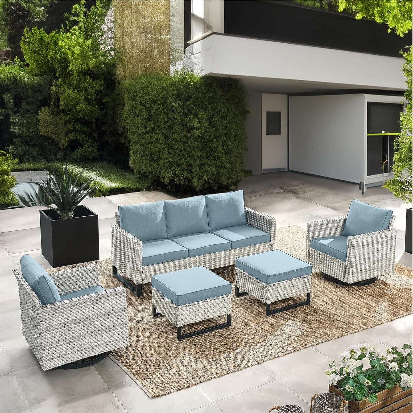 HUMMUH Patio Furniture Set 5 Piece Outdoor Sectional Sofa,PE Wicker Patio Swivel Rocker Chairs with Ottomans for Porch,Garden,Backyard