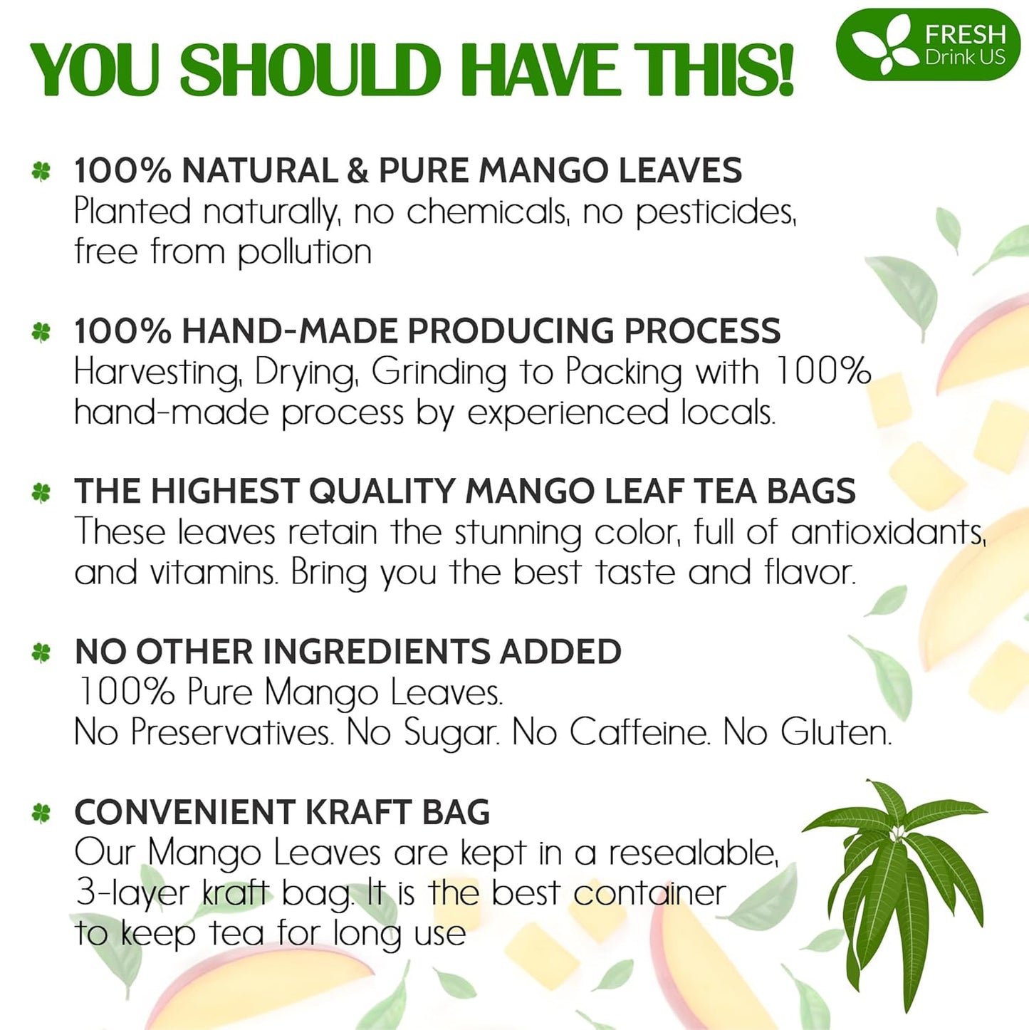 FreshDrinkUS, Premium 140+ Mango Whole Leaves Dried, 100% Natural & Pure from Dried Mango Leaves, Mango Leaf Tea, No Additives, No Caffeine, Vegan
