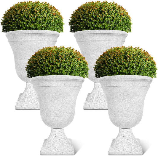 Dandat 4 Pack Large Outdoor Urn Planter 22 inch Tall Plastic Planter for Front Proch Classic Vase Decorative Garden Pot for Indoor Outdoor Door Patio Deck Decor(White)