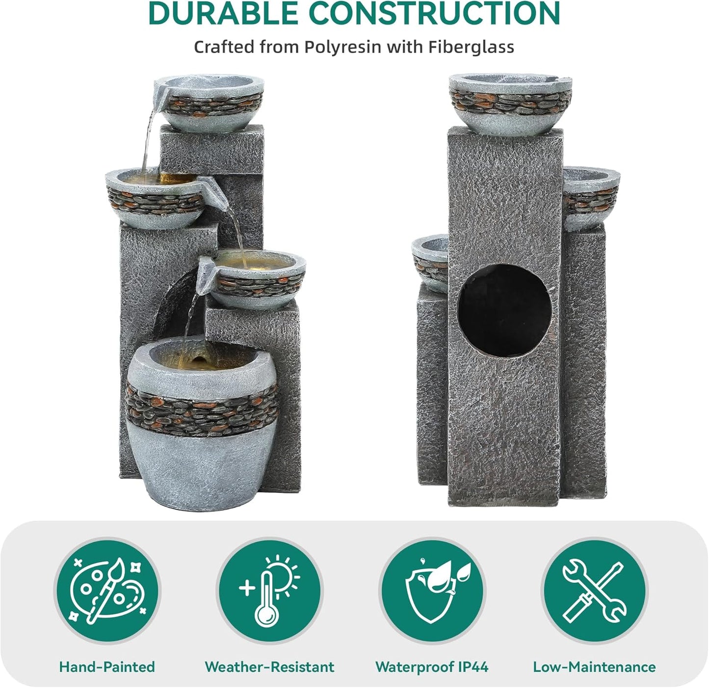 19.5" Tall 4-Tier Pedestal Outdoor Water Fountain with LED Lights and Pump, Relaxing Garden Fountain Waterfall for Patio, Porch, or Yard