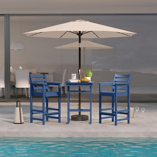 3-Piece Outdoor Bar Set with Beige 9FT Patio Umbrella, HDPE Tall Balcony Adirondack Chairs and Table, All-Weather Outdoor Bar Stools for Patio (Navy Blue)