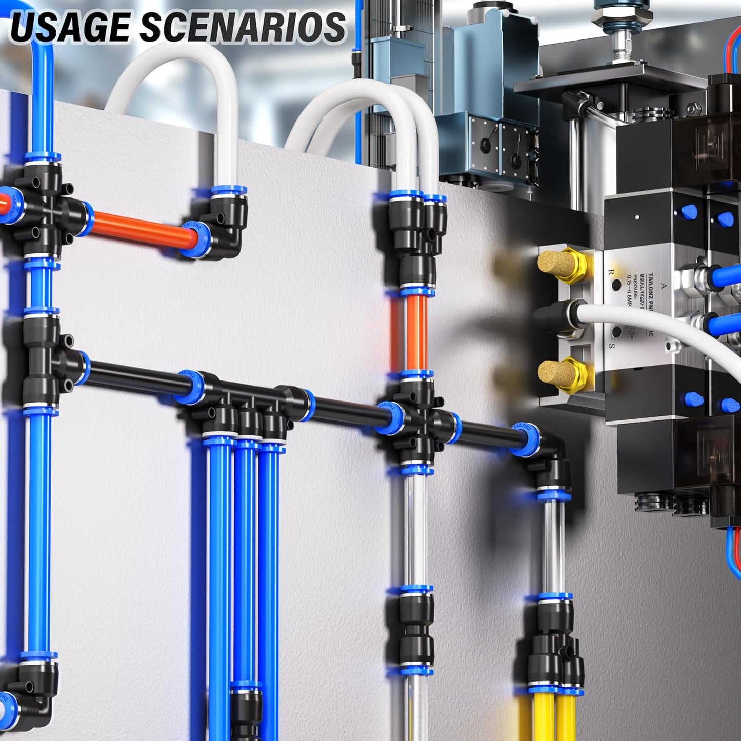 TAILONZ PNEUMATIC 1/4 Inch od Push to Connect Fittings Pneumatic Fittings Kit 15 Spliters+15 Elbows+15 tee+15 Straight (60 pcs)