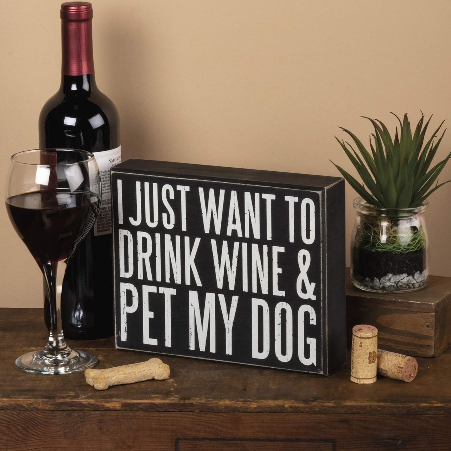 Primitives by Kathy Rustic Wooden Decor Sign - 'Wine & Dog' - Office/Farmhouse Decor, Dog Lovers Gift, 5""