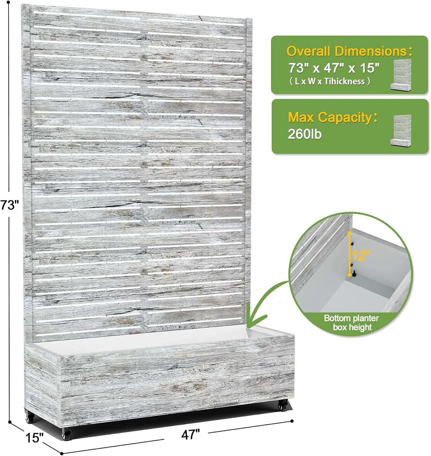 FENCY Metal Raised Garden Bed with Wheels and Trellis,73"x47"x16" Planter Box for Climbing Plants, Vegetables & Vines, Features Privacy Screen and Drainage Holes (White Wood Color)