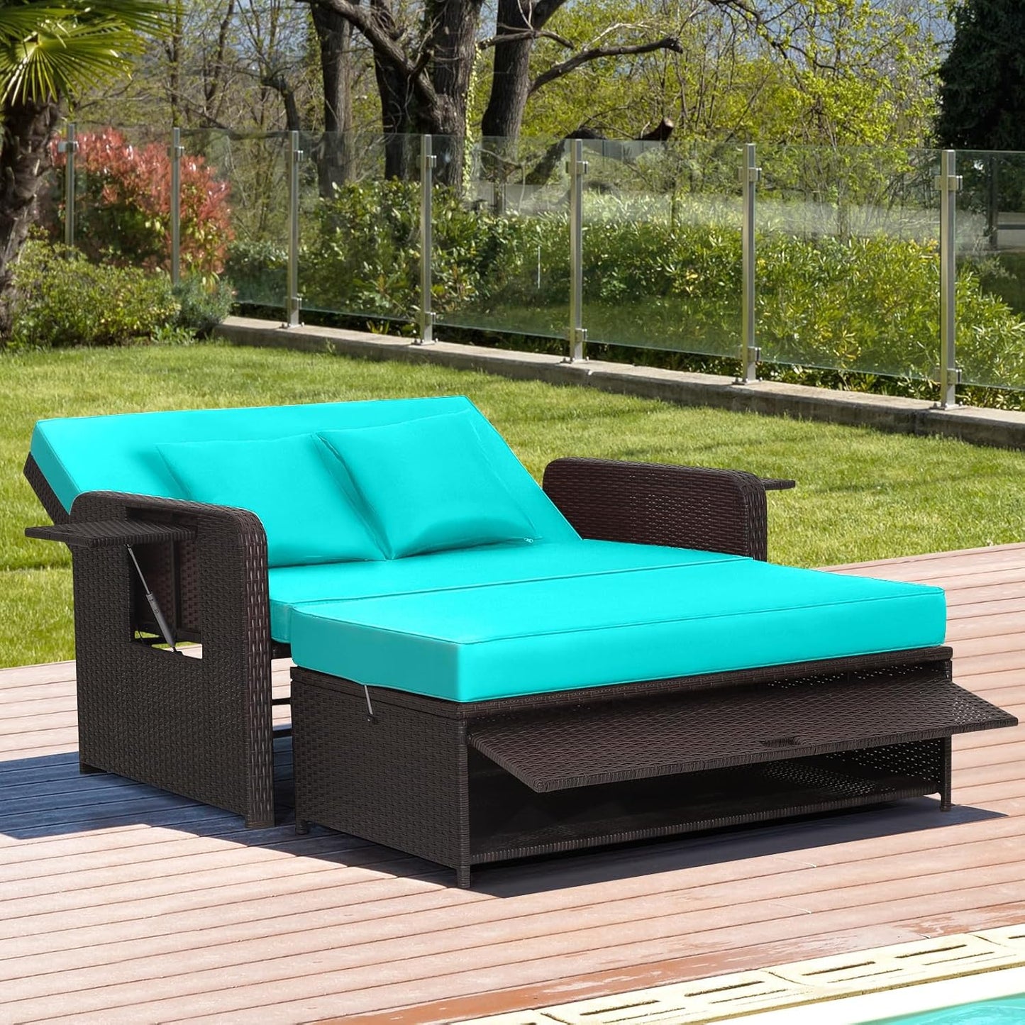 Tangkula Patio Rattan Daybed Set, Wicker Loveseat Sofa w/Multipurpose Ottoman & Retractable Side Tray, 4-Level Adjustable Backrest, Footstool w/Storage, Soft Cushion Included (Turquoise)