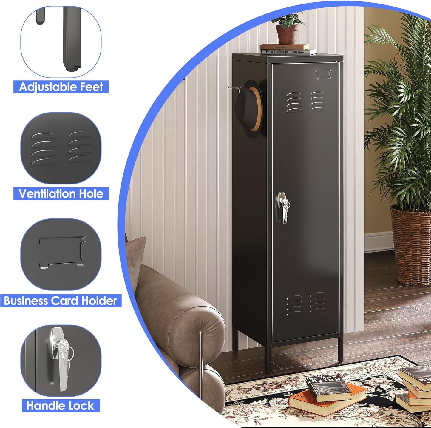 METAN Metal Storage Lockers with 1 Door and 1 Adjustable Shelf,55''H*15''W*15''D Steel Lockers with Hooks for School,Home,Office,Gym,Assembly Required,Black