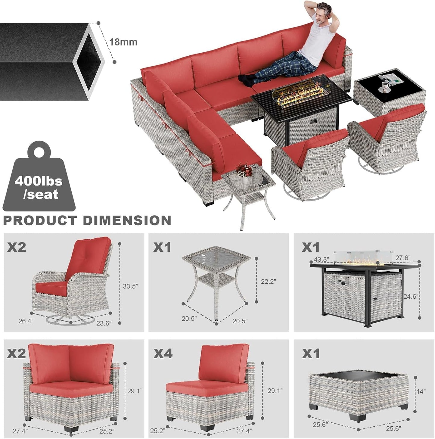 11-Piece Patio Furniture Set, Outdoor Patio Furniture with 55,000 BTU Fire Pit Table, Swivel Chairs Set, Thick Cushions, Modular Patio Sofa, Dual-Strand Wicker Rattan, Rust-Resistant Frame, Red