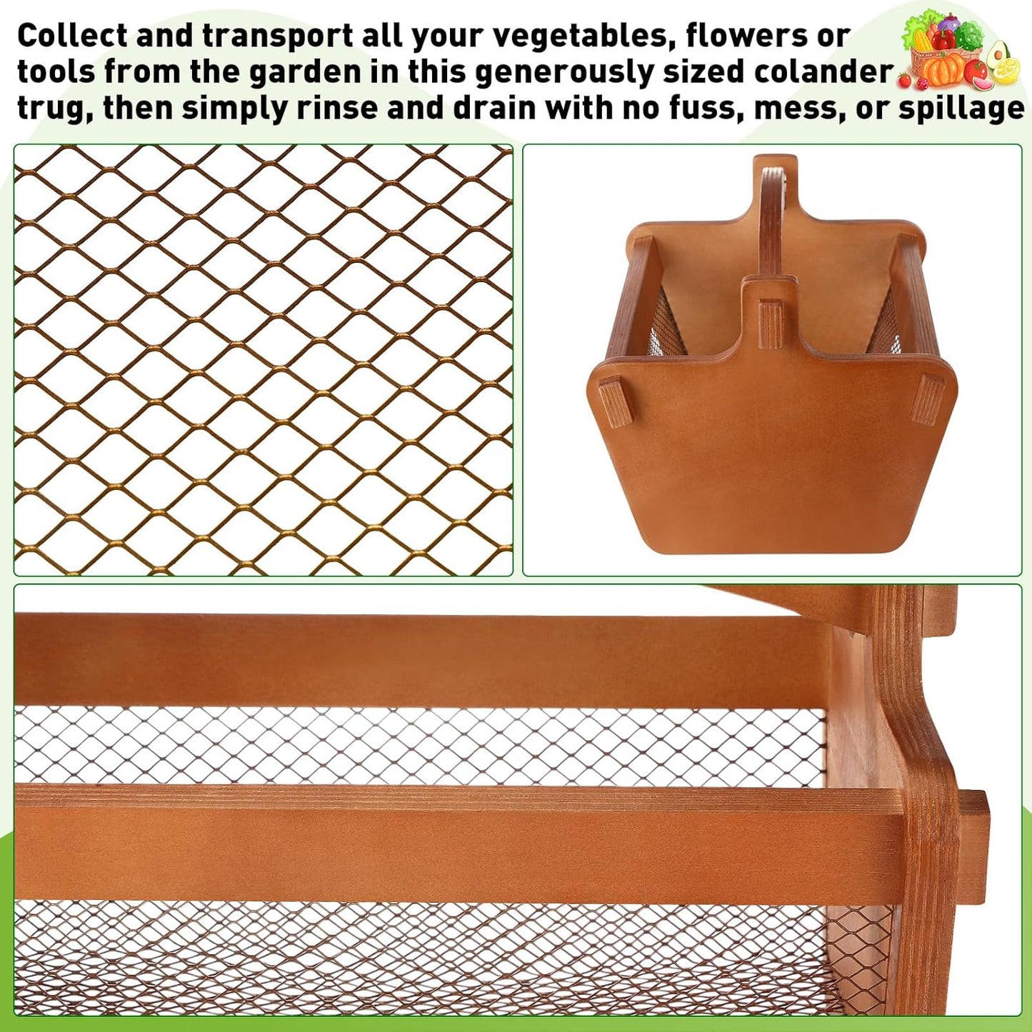 Garden Harvest Basket Mesh Storage with Handle Versatile Gardening Fruits Vegetables Gathering Basket Garden Supply Gardener Gift Spring for Washing Holding(Brown,13.4in)