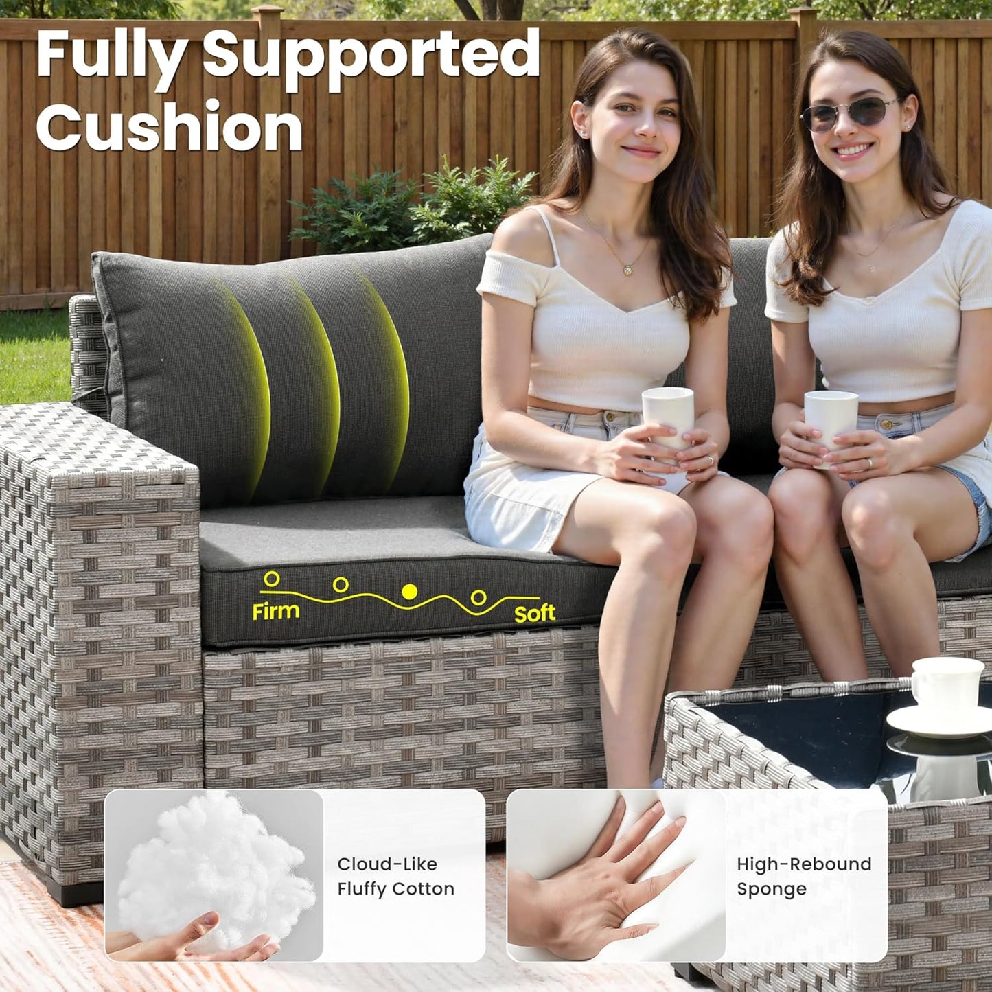 ovios 7 Pieces Patio Furniture Set, Outdoor Wicker Sectional Sofa with 42 Inch Fire Pit Table Comfy Cushions, Modern Modular Deep Seat Rattan Couch Conversation Set, Black