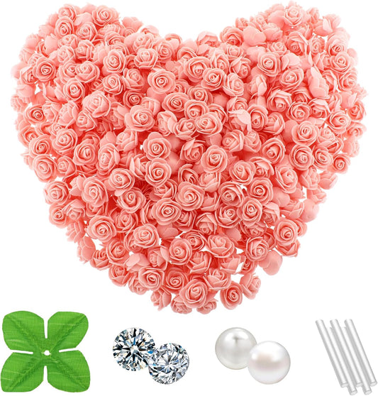 500 Pcs 1.4 Inch Mini Artificial Flowers Head Bulk 5 in 1 Set Faux Foam Fake Small Rose Tiny Baby Flores Bouquet Cake Gift Home Decoration DIY Craft (Peach, Blush)