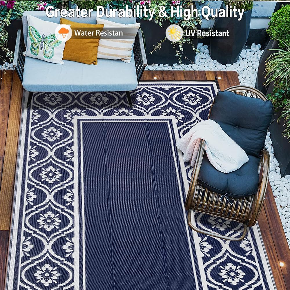 RV Outdoor Rug Waterproof Mat 9'x12' Camping Carpet Blue Outside Area Rugs Reversible Rugs for Deck Entryance Porch Picnic Balcony Beach