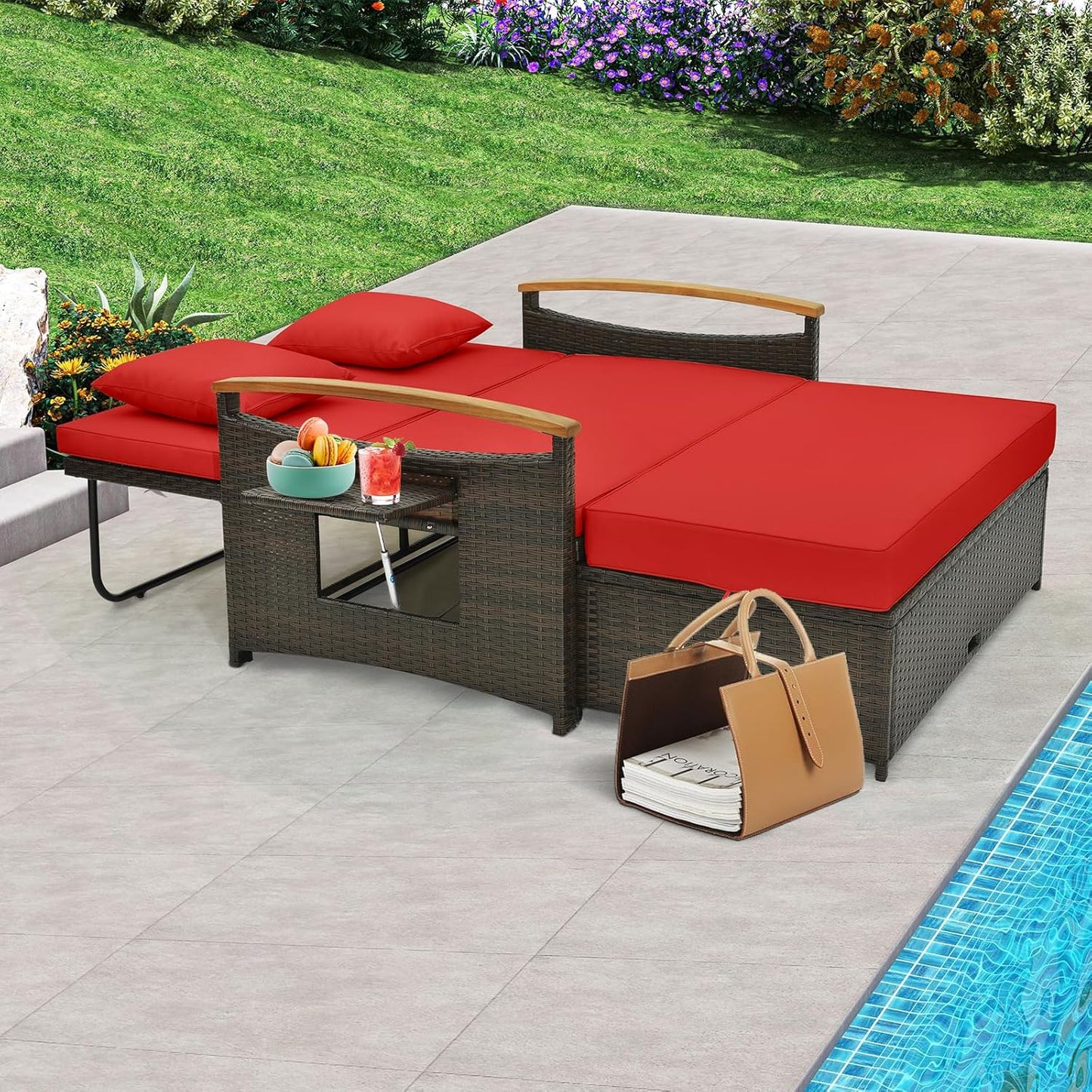 Tangkula Patio Rattan Daybed Set with Cushioned Loveseat and Storage Ottoman, Outdoor Double Chaise Lounger with 4-Level Adjustable Backrest and Retractable Side Trays for Backyard (Red)