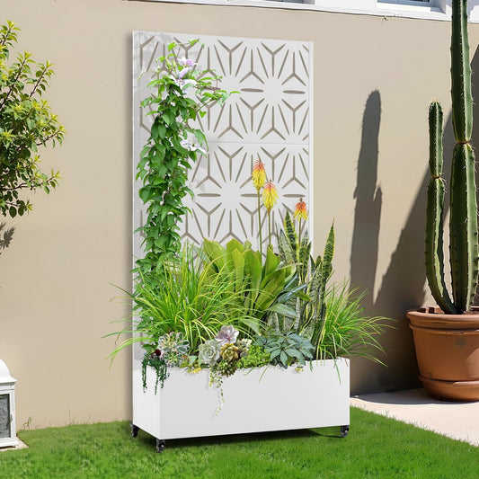 Raised Garden Bed with Trellis and Wheels,73"x35"x16" Metal Raised Garden Bed,White Star Metal Planter with Climbing Trellis for Vines & Vegetables