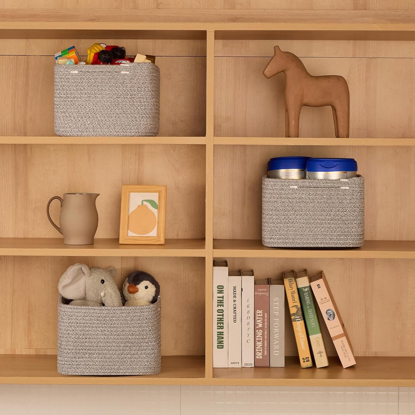 Small Organizing Baskets for Cubes Shelf, 9.7x9.7x7.1 Inch Rope Woven Storage Bins for Nursery Shelves Storage, Cute Toy Basket, Square 3 Packs Mixed Grey