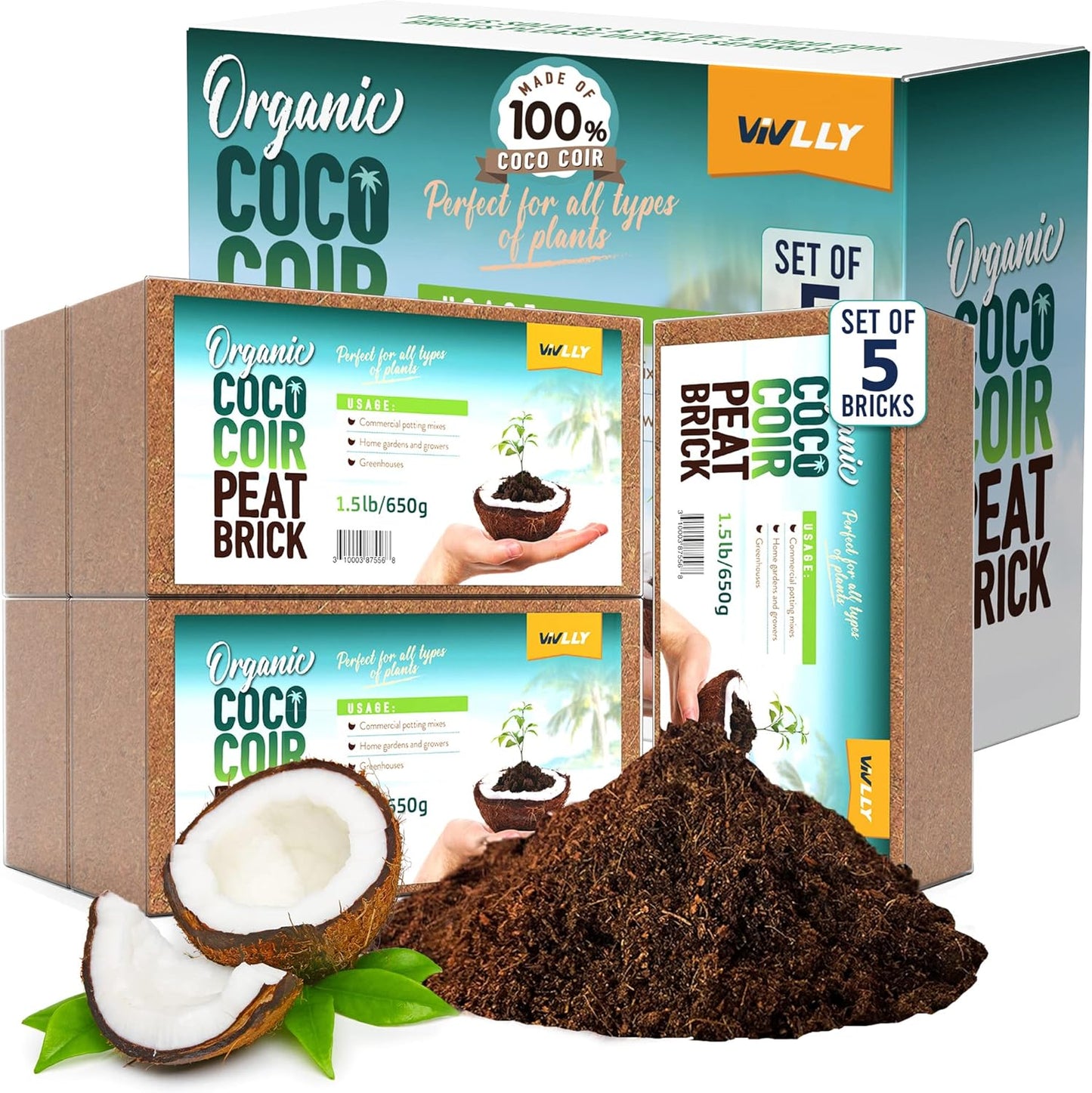 Coco Coir Bricks 5-Pack (650g Each) – Peat-Free Coconut Coir/Peat, Low EC & pH Balanced, High Expansion Seed Starter for Potting Mix, Hydroponics, Mushroom Substrate & Reptile Bedding