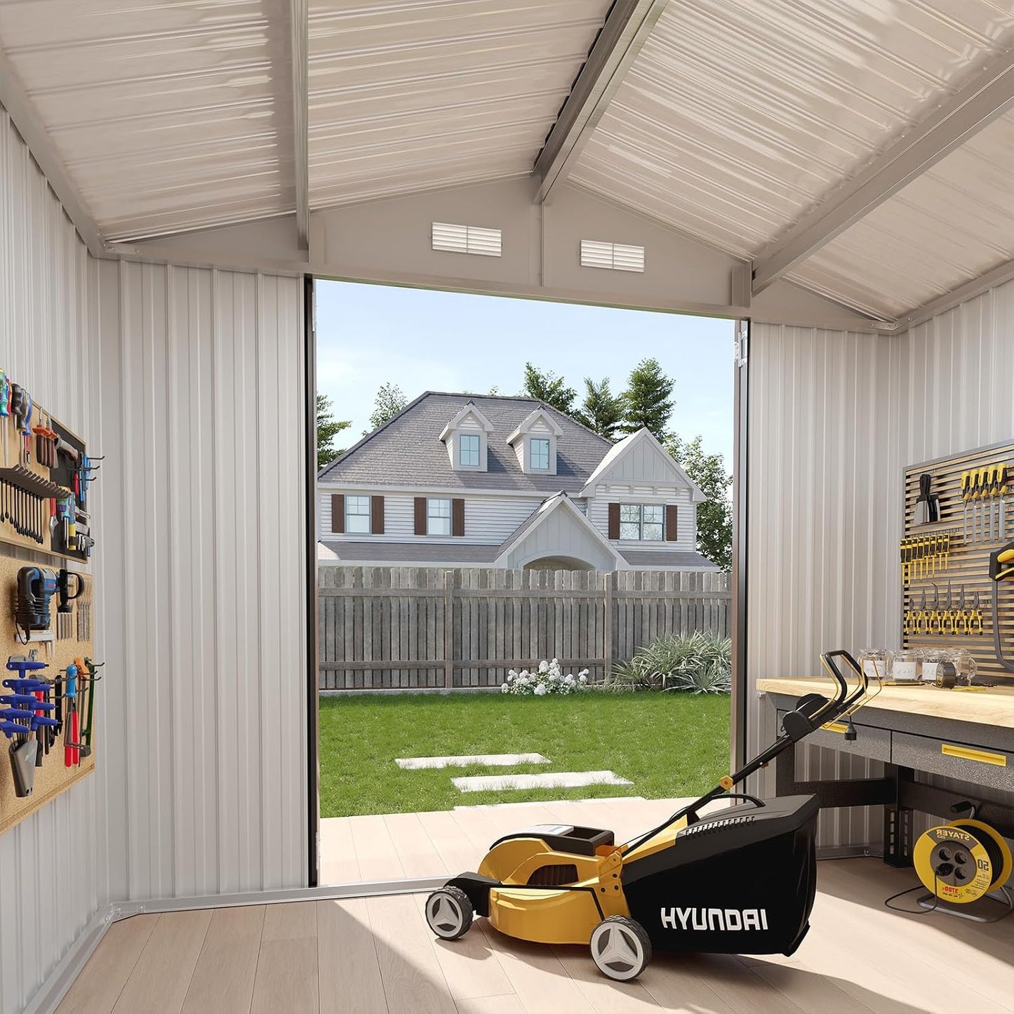 Aoxun 7x5 FT Outdoor Storage Shed Garden Metal Shed with Lockable Door Outdoor Large Shed for Tool, Garbage Can, Bike, Mower, Brown