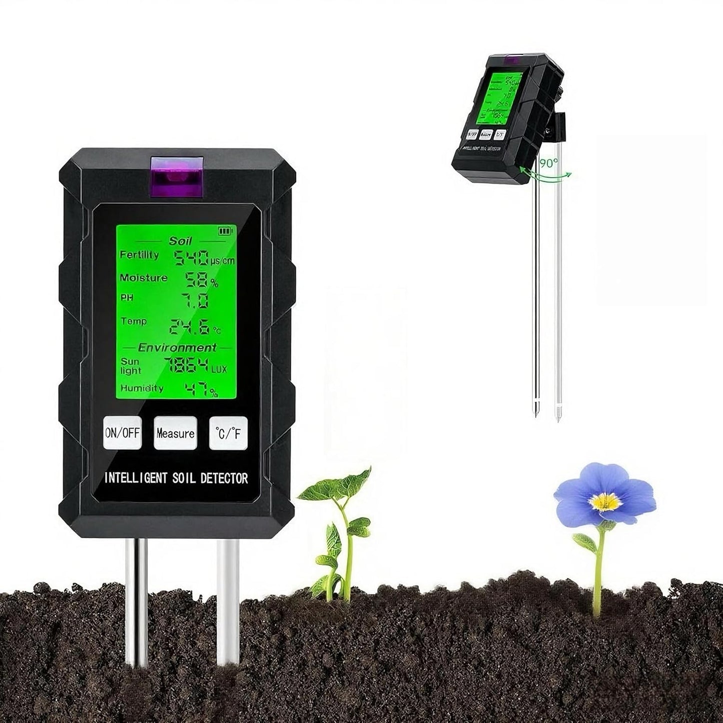 6-in-1 Soil Moisture Meter/Soil PH Tester with LCD Display: pH, Plant Temperature, Moisture, Sunlight, Air Humidity & Soil Fertility Meter for Gardening, Farming, Lawn & Indoor/Outdoor Plants