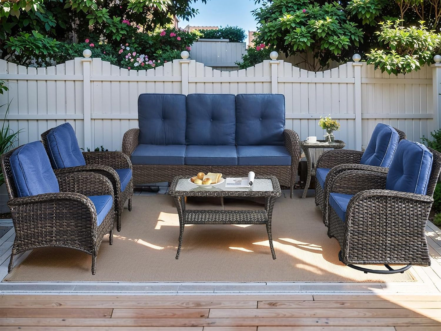 HUMMUH 7-Piece Outdoor Patio Furniture PE Wicker Patio Conversation Set,High Back Patio Couch with Coffee Tables Outdoor Chairs for Backyard,Porch,Deck