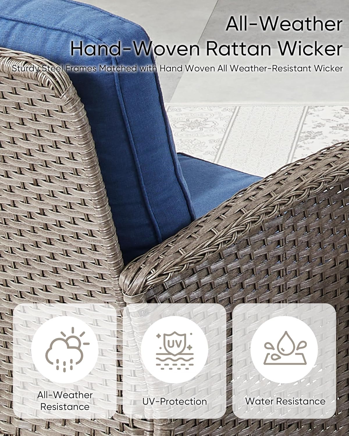 Outdoor Furniture-8 Piece Wicker Patio Furniture Set with Patio Swivel Chair Wicker Rattan Couch with Outdoor Rocking Chair Patio Conversation Set for Deck Lawn Porch Balcony Poolside-Grey/Blue