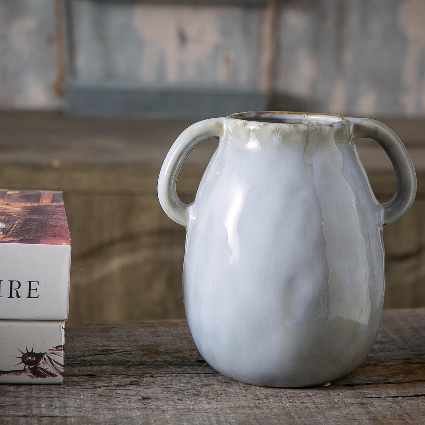 Gray Ceramic Vase with 2 Handles, Modern Farmhouse Decor, Rustic Terracotta Pottery, Decorative Flower Vases, Clay Small Vase, Centerpiece for Dining Table - 7 Inch Tall