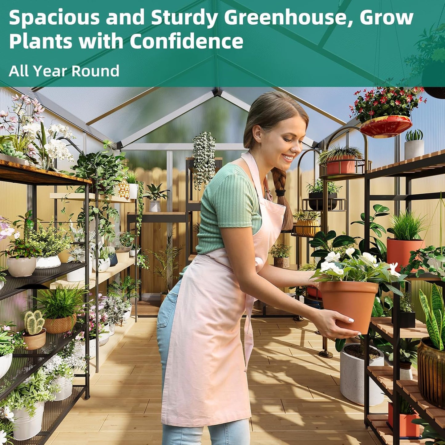 Garvee 6x8 ft Greenhouse - Aluminum Greenhouses for Outdoors, Large Polycarbonate Greenhouse with Roof Vent, Heavy Duty Walk-in Green Houses for Outside Garden, Backyard, Patio, Lawn, Easy Assembly