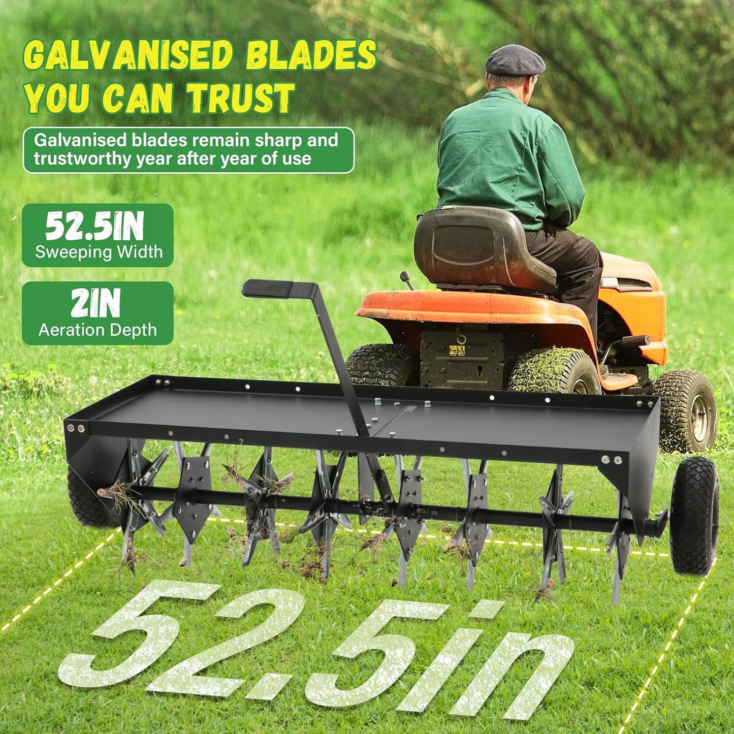 Doniks 52-Inch Tow Behind Lawn Plug Aerator with Universal Hitch, Lawn Aerator Tow Behind with 40 Galvanised Steel Tines,Tray and Inflatable Wheels for Gardens, Lawns, Farms