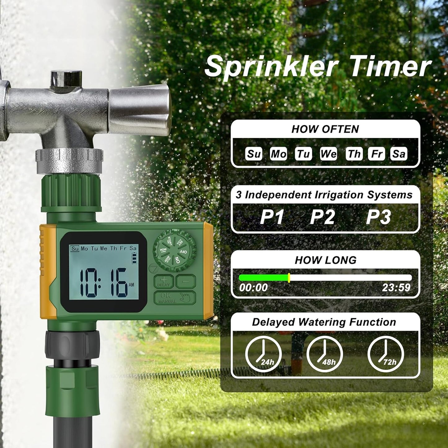 Garden Hose Timer Automatic Programmable - Digital Water Timer with LCD Display, Rain Delay & Manual Modes for Lawn Sprinkler System, Irrigation for Yard
