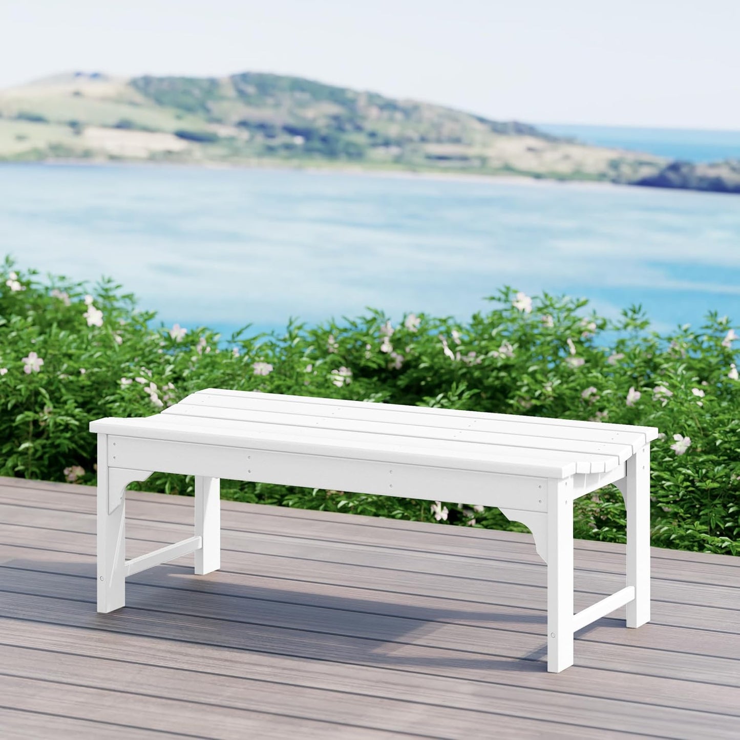 WestinTrends Malibu Outdoor Bench, All Weather Resistant Poly Lumber Backless Patio Garden Bench, Adirondack Curved Bench Seat for Comfort, White