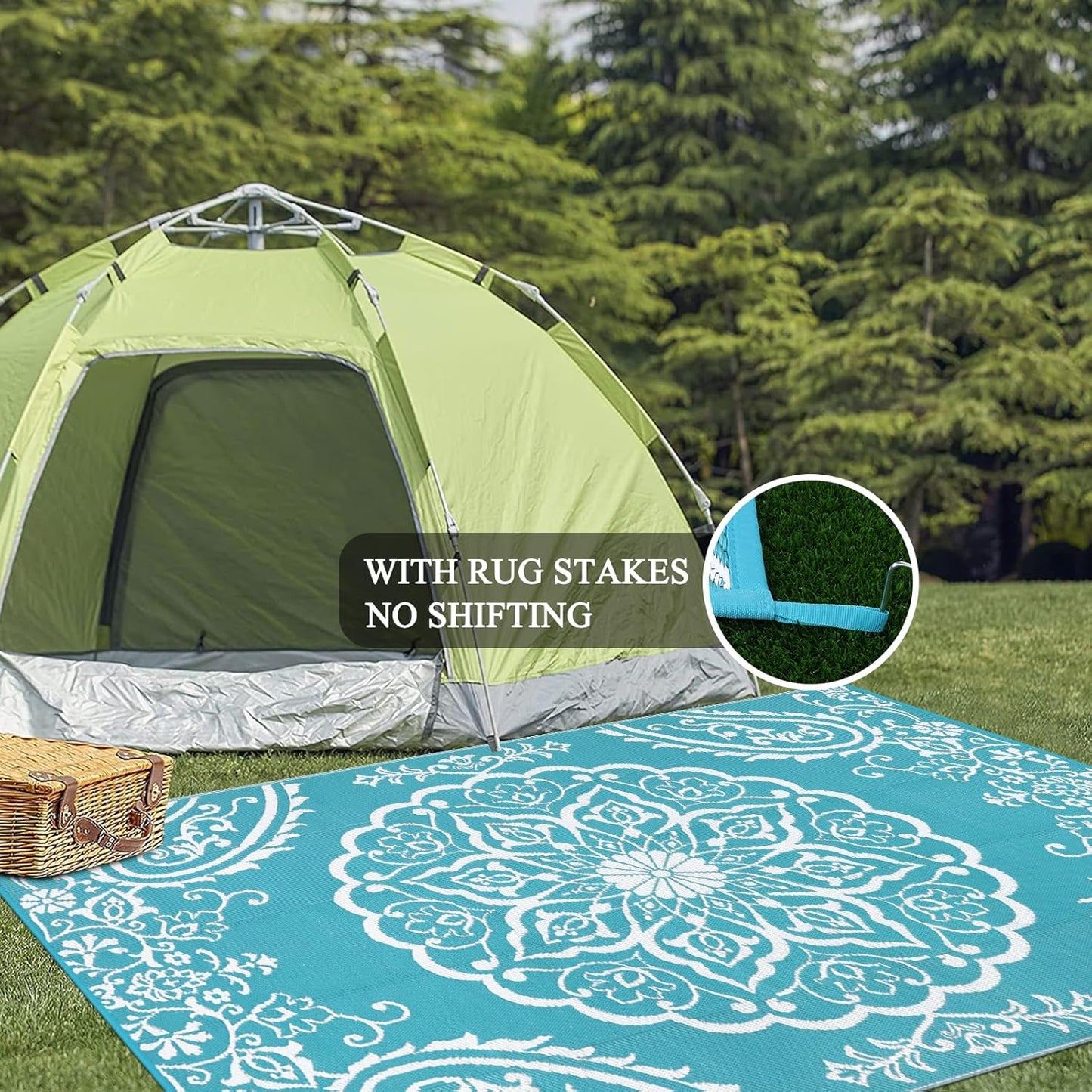 Pauwer Waterproof Outdoor Rug 10x14, Reversible Plastic Straw Patio Camping Rug, Indoor Outdoor RV Mat Carpet for Deck, Camper, Porch, Balcony, Backyard, Picnic, Boho Teal