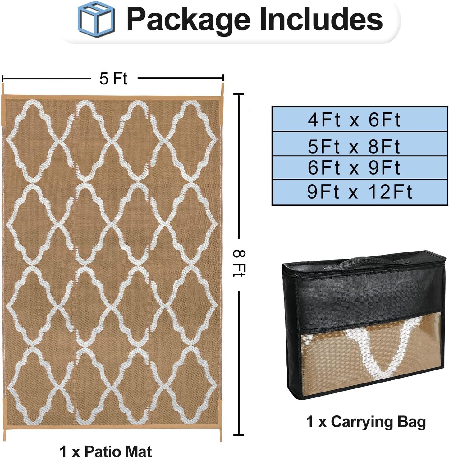 OutdoorLines Outdoor Plastic Area Rugs for Patio 5x8 ft - Reversible Outside Carpet, Stain & UV Resistant RV Mats, Straw Rug for Camping, Deck Garden, Porch and Balcony, Moroccan/Brown & Light Grey