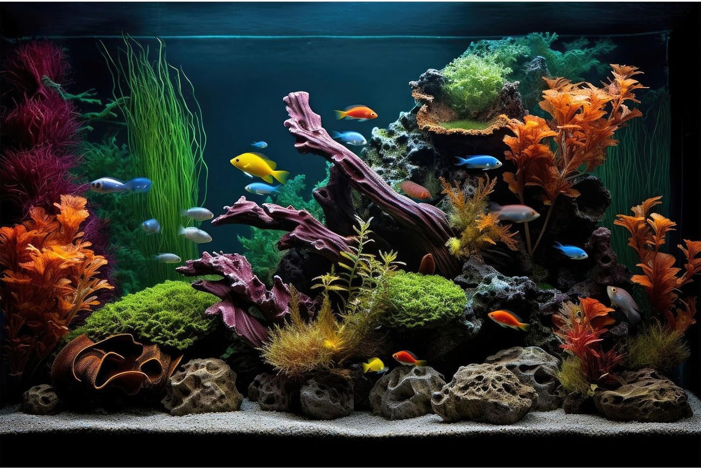 Aquarium Background Lush Aquatic Colorful Plants Terrarium Background Redwood Root Coral Reef Jungle Style Fish Tank Background Amazing Underwater View Aquarium Backdrop Wallpaper Poster Vinyl 48x20in