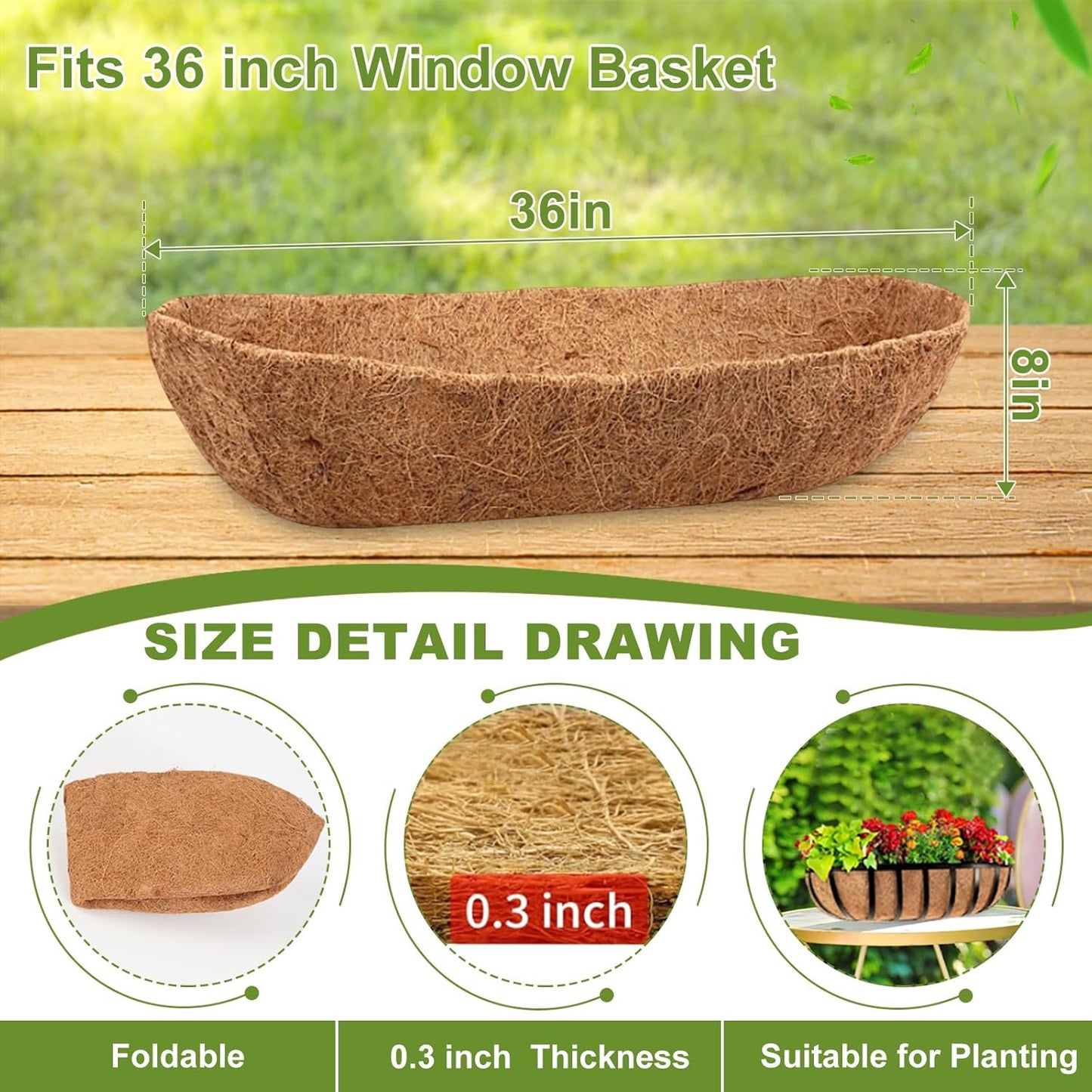 2 Pack 36 Inch Trough Coco Liner for Planters, Pre-Formed Coconut Coir Replacement Liner, Natural Coconut Fiber for Window Flower Box, Fence Flower Baskets, Garden Flower Pot