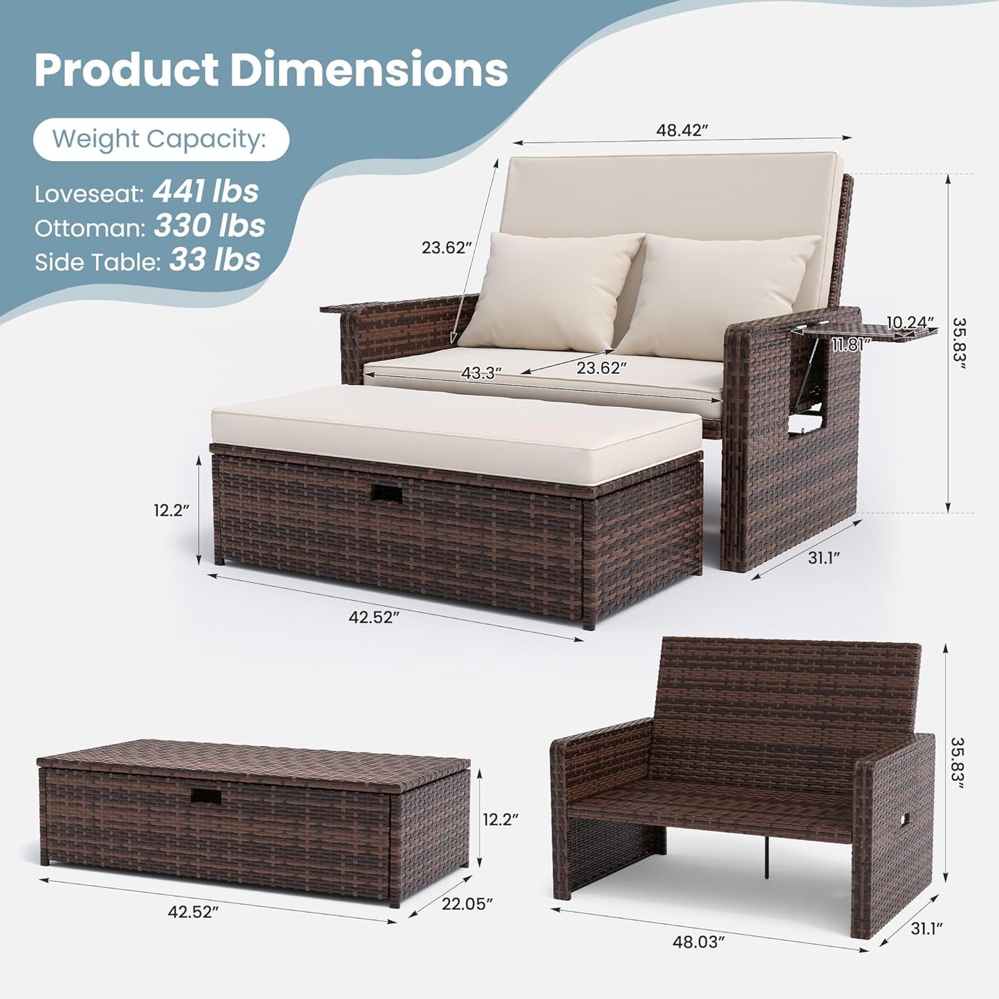 Amopatio Wicker Outdoor Daybed - Outdoor Loveseat with Storage Ottoman,4-Level Adjustable Backrest & Cushions, Patio Loveseat for Yard, Balcony, Porch, Garden, Poolside（Beige）