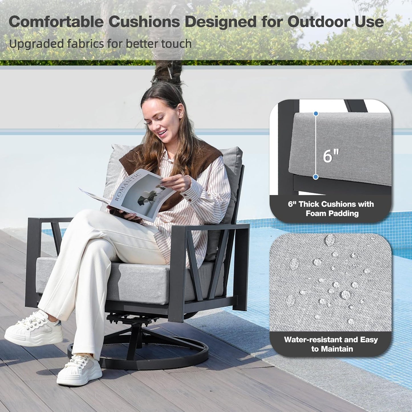 Outdoor Patio Swivel Rocking Chairs Set, Front Porch Furniture with 6" Thick Cushions, 3 Pieces Outdoor Bistro Set with Coffee Table, 350lbs, Light Grey