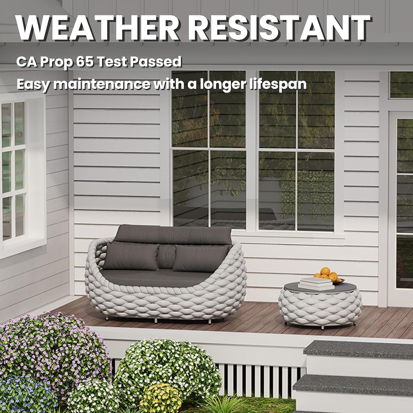 Patio Loveseat with Table: Aluminum Hand Woven Rope 2 Pieces Patio Furniture Set - Cushioned Outdoor Seating Set - Modern Couch Assembled - Metal Lounge Set for Porch Balcony Deck Garden Hotel