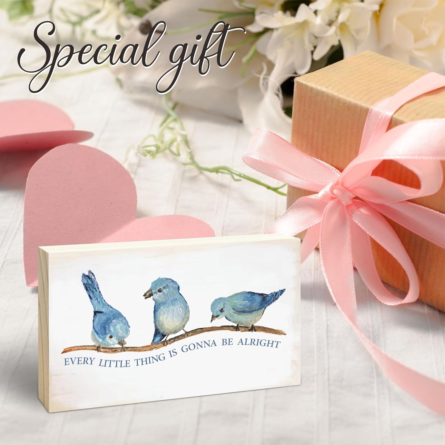 Rustic Pine Wood Block Sign - Every Little Thing Is Gonna Be Alright - Positive Wooden Plaque For Desk Top, Shelf, Living Room, Gift For Friends, Home & Office Decorations(3 X 5 Inches) - 39