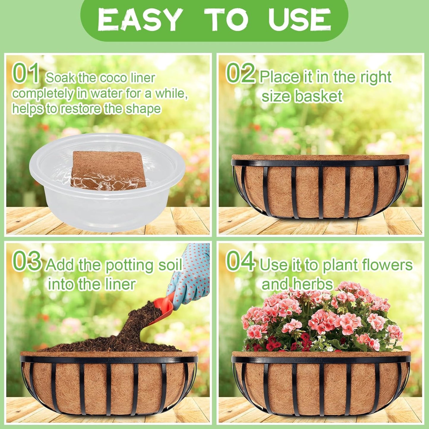 Riare 4 Pack 30 Inch Trough Coco Coir Liners for Planters, Pre-Formed Coconut Coir Replacement Liner Natural Coco Fiber Window Box Liners for Wall Planter, Window Basket Deck Railing Planter